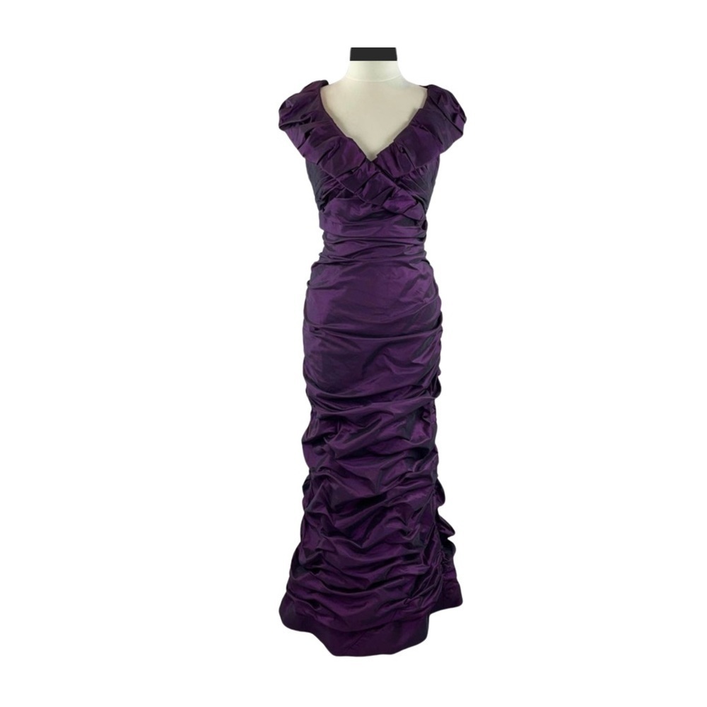 Elegant Purple Ruffled V-Neck Evening Gown